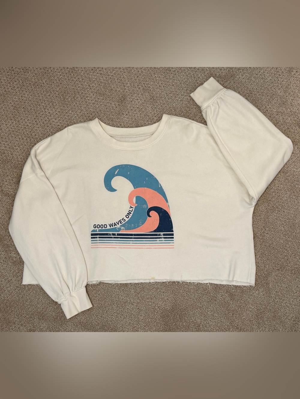 flirtitude Cream Graphic Sweatshirt with Blue and Coral Wave Print